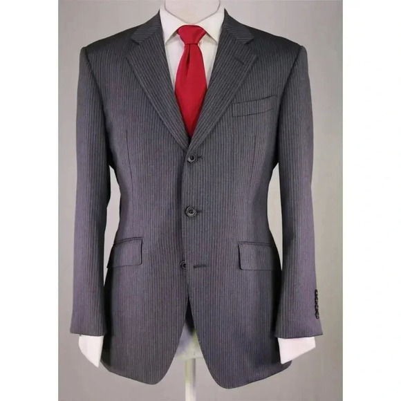 Richard James Savile Row Gray w/ Sky Blue Thin Stripes 3Btn Luxury Wool Suit 40S - Picture 2 of 11